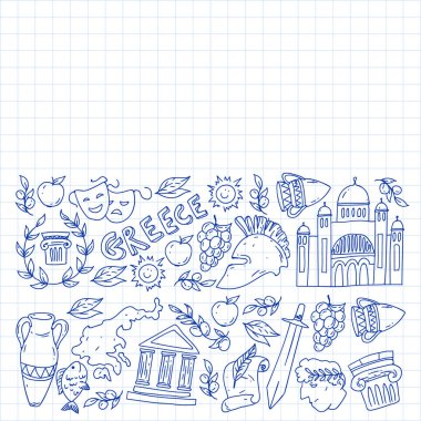 Yunanistan. Ağ, internet, pankart ve posterler için geleneksel Yunan kültürünün sembollerini taşıyan vektör deseni. Eski tarih, tapınaklar, sanatlar. Partenon.