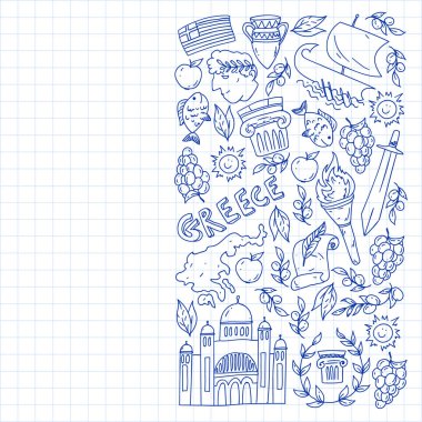 Yunanistan. Ağ, internet, pankart ve posterler için geleneksel Yunan kültürünün sembollerini taşıyan vektör deseni. Eski tarih, tapınaklar, sanatlar. Partenon.