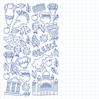 Yunanistan. Ağ, internet, pankart ve posterler için geleneksel Yunan kültürünün sembollerini taşıyan vektör deseni. Eski tarih, tapınaklar, sanatlar. Partenon.