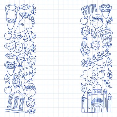 Yunanistan. Ağ, internet, pankart ve posterler için geleneksel Yunan kültürünün sembollerini taşıyan vektör deseni. Eski tarih, tapınaklar, sanatlar. Partenon.