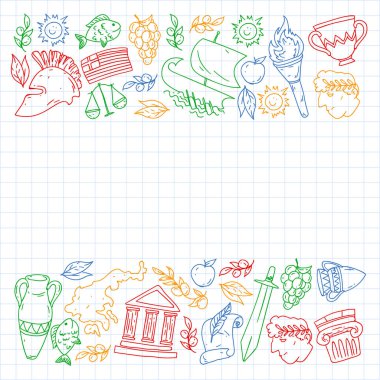 Yunanistan. Ağ, internet, pankart ve posterler için geleneksel Yunan kültürünün sembollerini taşıyan vektör deseni. Eski tarih, tapınaklar, sanatlar. Partenon.