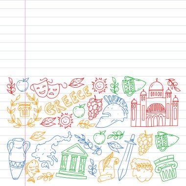 Yunanistan. Ağ, internet, pankart ve posterler için geleneksel Yunan kültürünün sembollerini taşıyan vektör deseni. Eski tarih, tapınaklar, sanatlar. Partenon.