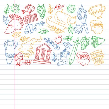 Yunanistan. Ağ, internet, pankart ve posterler için geleneksel Yunan kültürünün sembollerini taşıyan vektör deseni. Eski tarih, tapınaklar, sanatlar. Partenon.