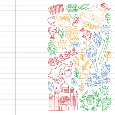 Yunanistan. Ağ, internet, pankart ve posterler için geleneksel Yunan kültürünün sembollerini taşıyan vektör deseni. Eski tarih, tapınaklar, sanatlar. Partenon.