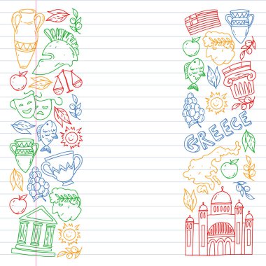 Yunanistan. Ağ, internet, pankart ve posterler için geleneksel Yunan kültürünün sembollerini taşıyan vektör deseni. Eski tarih, tapınaklar, sanatlar. Partenon.