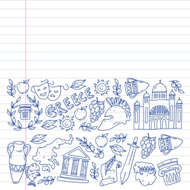 Yunanistan. Ağ, internet, pankart ve posterler için geleneksel Yunan kültürünün sembollerini taşıyan vektör deseni. Eski tarih, tapınaklar, sanatlar. Partenon.
