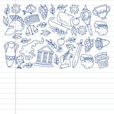 Yunanistan. Ağ, internet, pankart ve posterler için geleneksel Yunan kültürünün sembollerini taşıyan vektör deseni. Eski tarih, tapınaklar, sanatlar. Partenon.