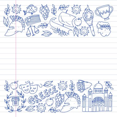 Yunanistan. Ağ, internet, pankart ve posterler için geleneksel Yunan kültürünün sembollerini taşıyan vektör deseni. Eski tarih, tapınaklar, sanatlar. Partenon.
