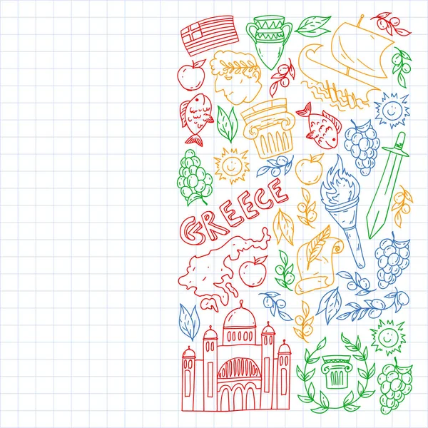 Yunanistan. Ağ, internet, pankart ve posterler için geleneksel Yunan kültürünün sembollerini taşıyan vektör deseni. Eski tarih, tapınaklar, sanatlar. Partenon.