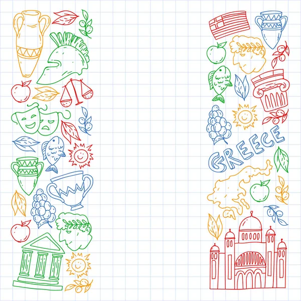 Yunanistan. Ağ, internet, pankart ve posterler için geleneksel Yunan kültürünün sembollerini taşıyan vektör deseni. Eski tarih, tapınaklar, sanatlar. Partenon.