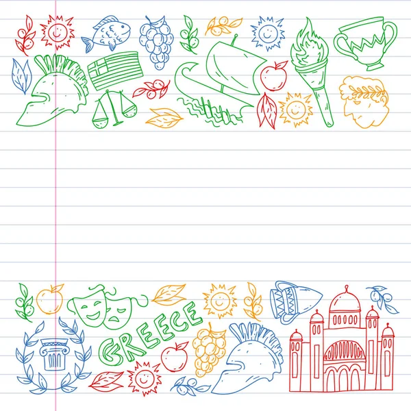 Yunanistan. Ağ, internet, pankart ve posterler için geleneksel Yunan kültürünün sembollerini taşıyan vektör deseni. Eski tarih, tapınaklar, sanatlar. Partenon.