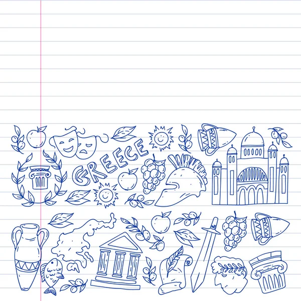 Yunanistan. Ağ, internet, pankart ve posterler için geleneksel Yunan kültürünün sembollerini taşıyan vektör deseni. Eski tarih, tapınaklar, sanatlar. Partenon.