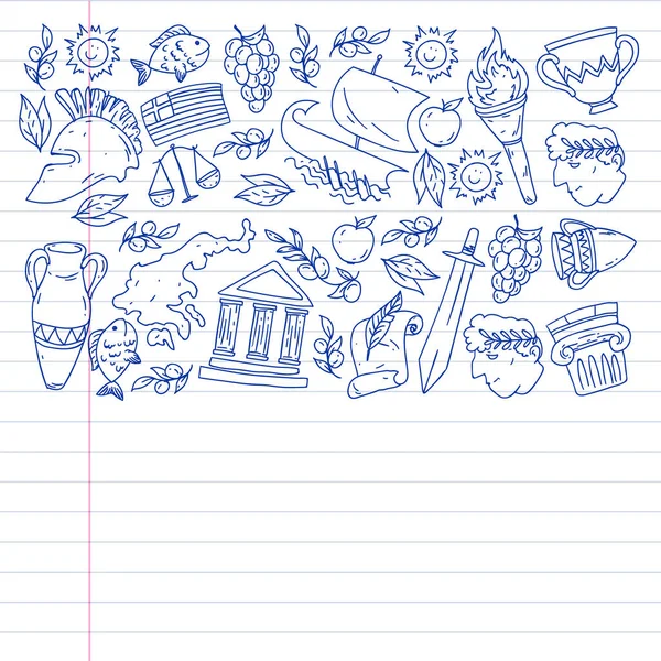 Yunanistan. Ağ, internet, pankart ve posterler için geleneksel Yunan kültürünün sembollerini taşıyan vektör deseni. Eski tarih, tapınaklar, sanatlar. Partenon.