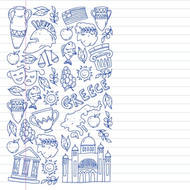 Yunanistan. Ağ, internet, pankart ve posterler için geleneksel Yunan kültürünün sembollerini taşıyan vektör deseni. Eski tarih, tapınaklar, sanatlar. Partenon.