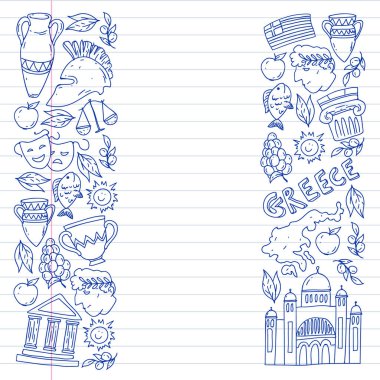 Yunanistan. Ağ, internet, pankart ve posterler için geleneksel Yunan kültürünün sembollerini taşıyan vektör deseni. Eski tarih, tapınaklar, sanatlar. Partenon.