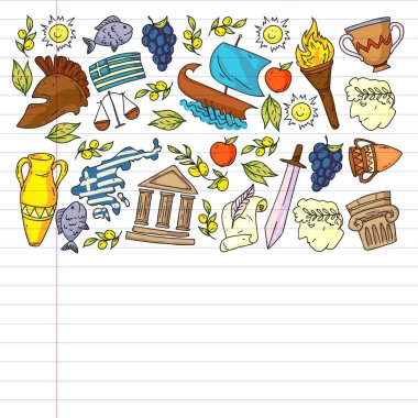 Yunanistan. Ağ, internet, pankart ve posterler için geleneksel Yunan kültürünün sembollerini taşıyan vektör deseni. Eski tarih, tapınaklar, sanatlar. Partenon.