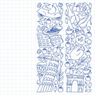 İtalya. İtalyan mutfağı siparişi ver, internetten yemek al. Restoran, kafe ve arka planlar için bir takım ikonlar. Kolezyum, Roma, Pisa, Venedik. Peynir ve Pizza..