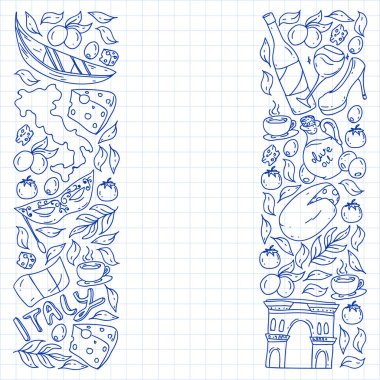 İtalya. İtalyan mutfağı siparişi ver, internetten yemek al. Restoran, kafe ve arka planlar için bir takım ikonlar. Kolezyum, Roma, Pisa, Venedik. Peynir ve Pizza..