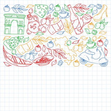 İtalya. İtalyan mutfağı siparişi ver, internetten yemek al. Restoran, kafe ve arka planlar için bir takım ikonlar. Kolezyum, Roma, Pisa, Venedik. Peynir ve Pizza..