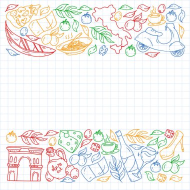 İtalya. İtalyan mutfağı siparişi ver, internetten yemek al. Restoran, kafe ve arka planlar için bir takım ikonlar. Kolezyum, Roma, Pisa, Venedik. Peynir ve Pizza..