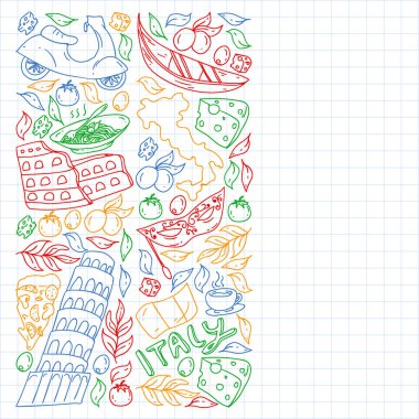 İtalya. İtalyan mutfağı siparişi ver, internetten yemek al. Restoran, kafe ve arka planlar için bir takım ikonlar. Kolezyum, Roma, Pisa, Venedik. Peynir ve Pizza..