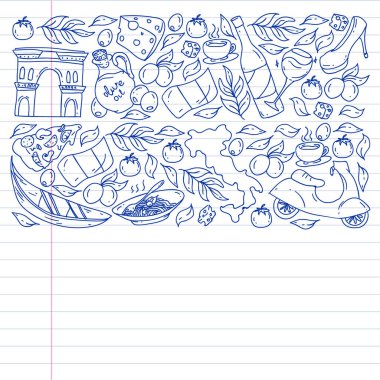 İtalya. İtalyan mutfağı siparişi ver, internetten yemek al. Restoran, kafe ve arka planlar için bir takım ikonlar. Kolezyum, Roma, Pisa, Venedik. Peynir ve Pizza..