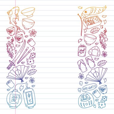 Japonya. Japon geleneksel öğeleri ile vektör desen. Fuji Dağı, sacura çiçekler, origami.