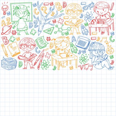 Çevrimiçi öğrenim, eğitim. Okula dönelim. Küçük çocuklar için vektör simgeleri ve elementler, üniversite. Doodle tarzı, çocuklar çiziyor.