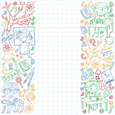 Çevrimiçi öğrenim, eğitim. Okula dönelim. Küçük çocuklar için vektör simgeleri ve elementler, üniversite. Doodle tarzı, çocuklar çiziyor.