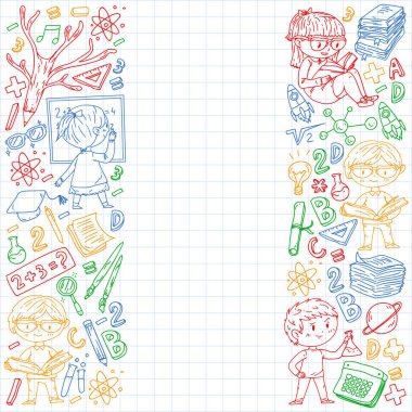 Çevrimiçi öğrenim, eğitim. Okula dönelim. Küçük çocuklar için vektör simgeleri ve elementler, üniversite. Doodle tarzı, çocuklar çiziyor.