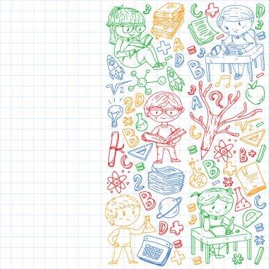 Çevrimiçi öğrenim, eğitim. Okula dönelim. Küçük çocuklar için vektör simgeleri ve elementler, üniversite. Doodle tarzı, çocuklar çiziyor.