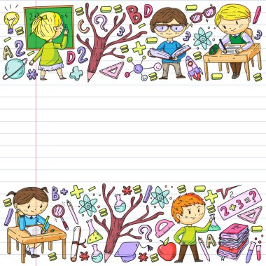 Çevrimiçi öğrenim, eğitim. Okula dönelim. Küçük çocuklar için vektör simgeleri ve elementler, üniversite. Doodle tarzı, çocuklar çiziyor.