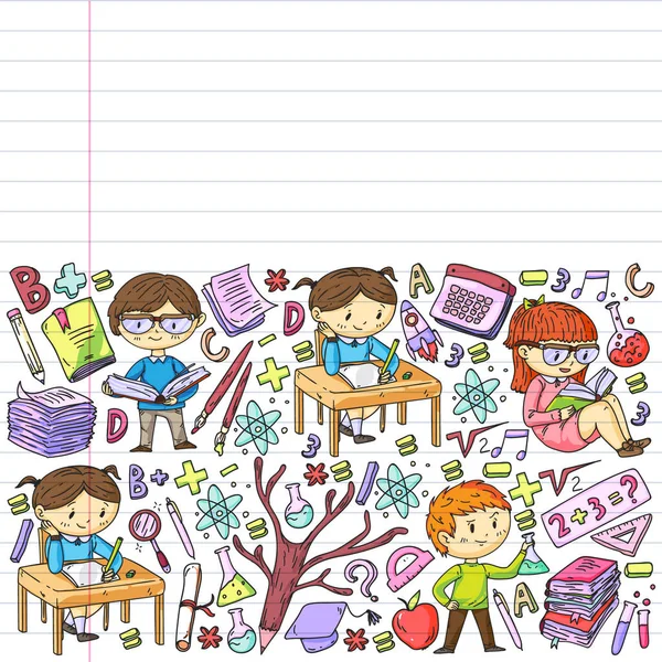 Aprendizagem online, educação. De volta à escola. Ícones vetoriais e elementos para crianças pequenas, faculdade. Doodle estilo, crianças desenho — Vetor de Stock