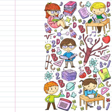 Çevrimiçi öğrenim, eğitim. Okula dönelim. Küçük çocuklar için vektör simgeleri ve elementler, üniversite. Doodle tarzı, çocuklar çiziyor.