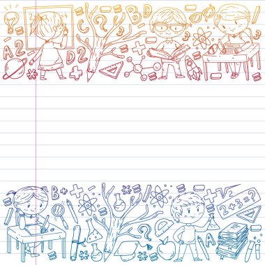 Çevrimiçi öğrenim, eğitim. Okula dönelim. Küçük çocuklar için vektör simgeleri ve elementler, üniversite. Doodle tarzı, çocuklar çiziyor.