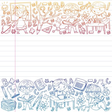 Çevrimiçi öğrenim, eğitim. Okula dönelim. Küçük çocuklar için vektör simgeleri ve elementler, üniversite. Doodle tarzı, çocuklar çiziyor.