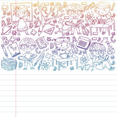 Çevrimiçi öğrenim, eğitim. Okula dönelim. Küçük çocuklar için vektör simgeleri ve elementler, üniversite. Doodle tarzı, çocuklar çiziyor.