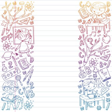 Çevrimiçi öğrenim, eğitim. Okula dönelim. Küçük çocuklar için vektör simgeleri ve elementler, üniversite. Doodle tarzı, çocuklar çiziyor.