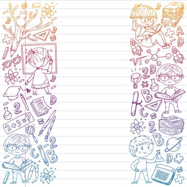 Çevrimiçi öğrenim, eğitim. Okula dönelim. Küçük çocuklar için vektör simgeleri ve elementler, üniversite. Doodle tarzı, çocuklar çiziyor.