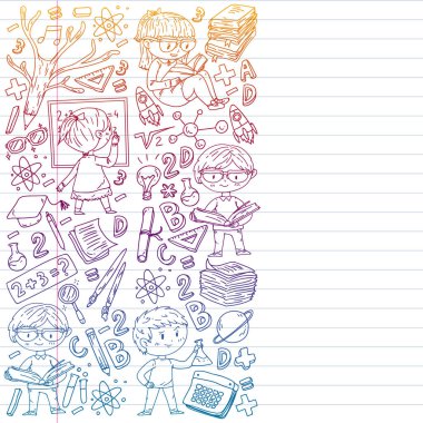Çevrimiçi öğrenim, eğitim. Okula dönelim. Küçük çocuklar için vektör simgeleri ve elementler, üniversite. Doodle tarzı, çocuklar çiziyor.