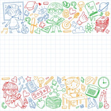 Çevrimiçi öğrenim, eğitim. Okula dönelim. Küçük çocuklar için vektör simgeleri ve elementler, üniversite. Doodle tarzı, çocuklar çiziyor.