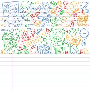 Çevrimiçi öğrenim, eğitim. Okula dönelim. Küçük çocuklar için vektör simgeleri ve elementler, üniversite. Doodle tarzı, çocuklar çiziyor.