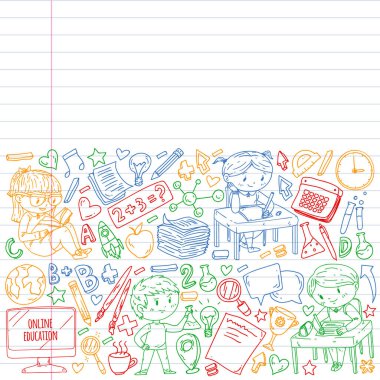 Çevrimiçi öğrenim, eğitim. Okula dönelim. Küçük çocuklar için vektör simgeleri ve elementler, üniversite. Doodle tarzı, çocuklar çiziyor.