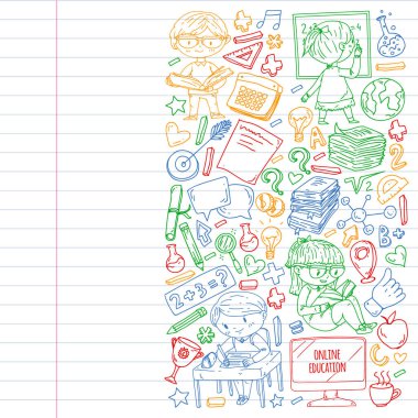 Çevrimiçi öğrenim, eğitim. Okula dönelim. Küçük çocuklar için vektör simgeleri ve elementler, üniversite. Doodle tarzı, çocuklar çiziyor.