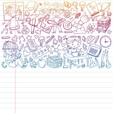Çevrimiçi öğrenim, eğitim. Okula dönelim. Küçük çocuklar için vektör simgeleri ve elementler, üniversite. Doodle tarzı, çocuklar çiziyor.