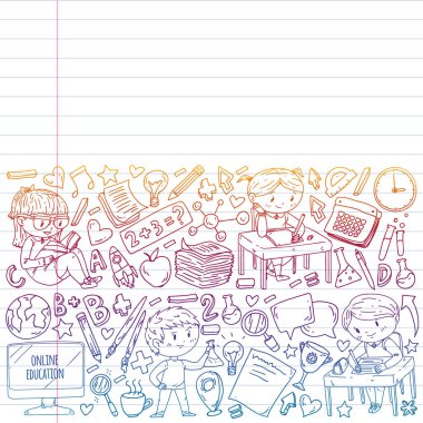 Çevrimiçi öğrenim, eğitim. Okula dönelim. Küçük çocuklar için vektör simgeleri ve elementler, üniversite. Doodle tarzı, çocuklar çiziyor.