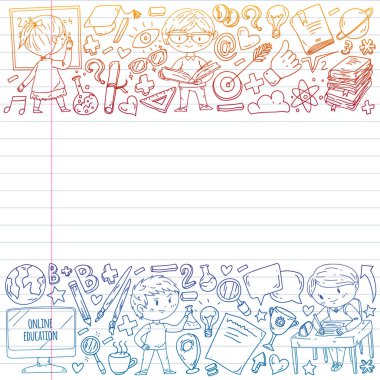 Çevrimiçi öğrenim, eğitim. Okula dönelim. Küçük çocuklar için vektör simgeleri ve elementler, üniversite. Doodle tarzı, çocuklar çiziyor.