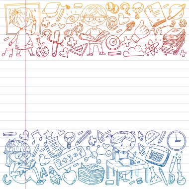 Çevrimiçi öğrenim, eğitim. Okula dönelim. Küçük çocuklar için vektör simgeleri ve elementler, üniversite. Doodle tarzı, çocuklar çiziyor.