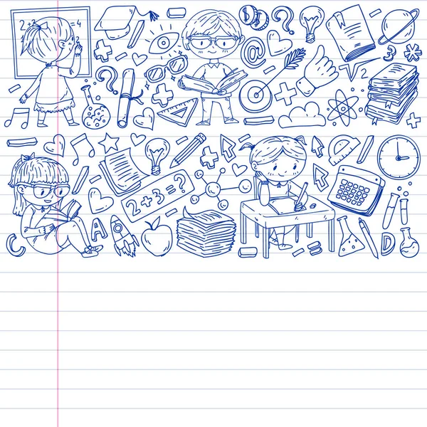 Concepto de educación online. Iconos vectoriales y elementos para niños pequeños, universidad, cursos de Internet. Estilo Doodle, dibujo de niños . — Archivo Imágenes Vectoriales