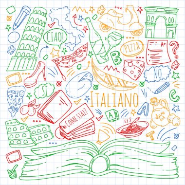 İtalyanca öğrenme. İtalya 'nın simgeleri ve ulusal sembolleriyle vektör deseni.